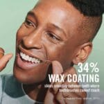 REACH waxed dental floss with cinnamon flavor - 50m vegan dental floss with high tensile strength and more plaque removal. Picture Infographic 34% Wax Coating. 