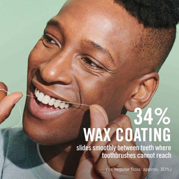 REACH waxed dental floss with cinnamon flavor - 50m vegan dental floss with high tensile strength and more plaque removal. Picture Infographic 34% Wax Coating. 