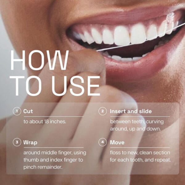 REACH gewachste Zahnseide mit Zimtgeschmack – 50m vegane Zahnseide mit hoher Reissfestigkeit und mehr Plaque-Entfernung. Abbildung Infografik How to Use, Anleitung.