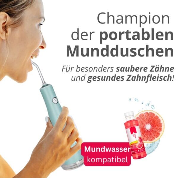 edel+white Flosserpik Power Spa – Der Champion der mobilen Mundduschen mit viel Power. Abbildung Produkt Nutzung mit Mundwasser kompatibel.
