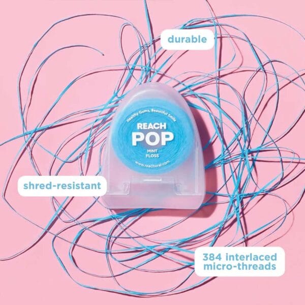 REACH POP Zahnseide Minze – vegane, gewachste Zahnseide mit 384 Mikrofäden & nachhaltiger Verpackung, 50m. Abbildung durable & shred-resistant