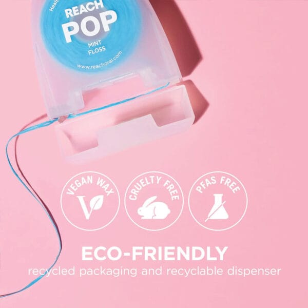 REACH POP Zahnseide Minze – vegane, gewachste Zahnseide mit 384 Mikrofäden & nachhaltiger Verpackung, 50m. Abbildung eco-friendly.