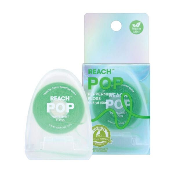 18230992 REACH POP Zahnseide Peppermint Floss – vegane, gewachste Zahnseide mit 384 Mikrofäden & nachhaltiger Verpackung, 50m, Pfefferminz Geschmack