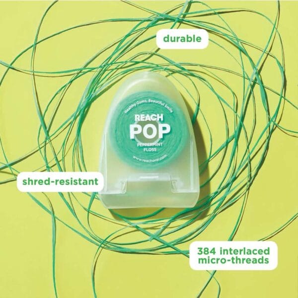 18230992 REACH POP Dental Floss Peppermint Floss - vegan, waxed dental floss with 384 micro threads & sustainable packaging, 50m, peppermint flavor. Picture dental floss durable, shred-resistant. 
