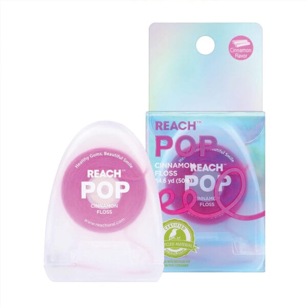 REACH POP Zahnseide Zimt – vegane, gewachste Zahnseide mit 384 Mikrofäden & nachhaltiger Verpackung, 50m. Abbildung Produkt mit Verpackung.