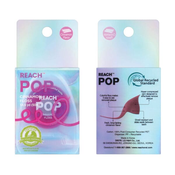 REACH POP fil dentaire cannelle - fil dentaire végétal, ciré, 384 microfils & emballage durable, 50m. Illustration de l'emballage. 