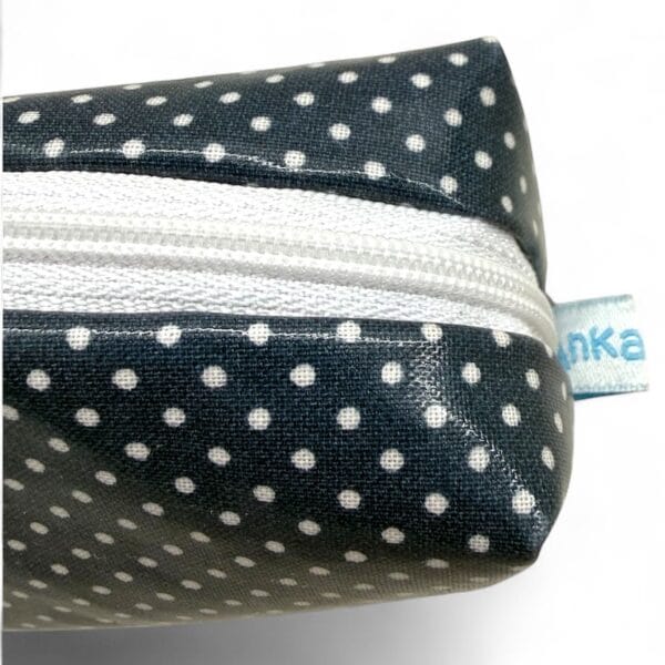 Cosmetic bag in navy blue/white handmade size 22x7x5cm close-up view closed