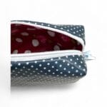 Cosmetic bag in navy blue/white handmade size 22x7x5cm view close-up open