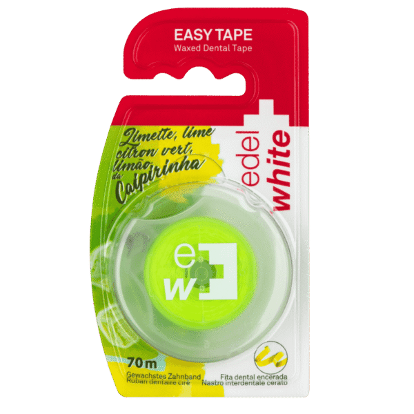 edel+white Zahnseide, Easy Tape Waxed Dental Tape Caipirinha in blister – Foto der Verpackung