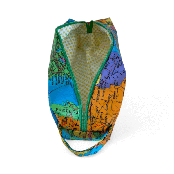 Cosmetic bag with world map handmade size 24x8x8cm front view open